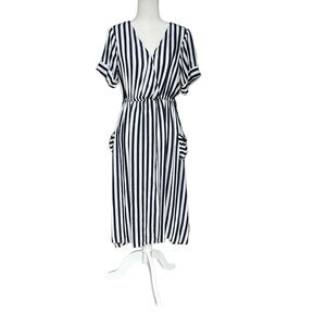 JGee Striped Navy and White Midi Dress with Short Dolman Sleeves V-Neck Preppy